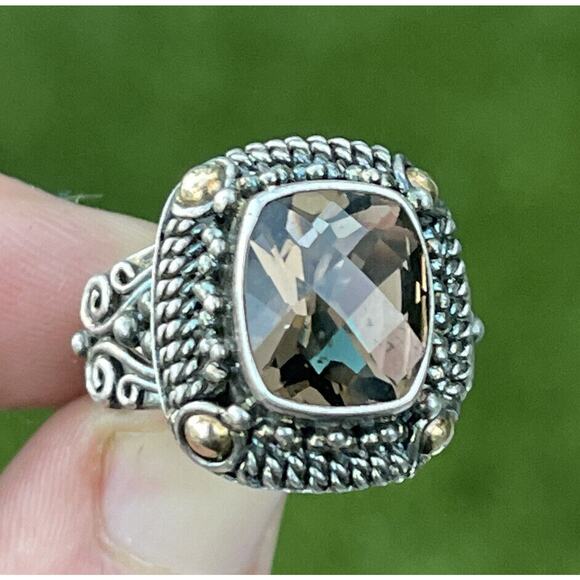 Vintage 18k Yellow Gold Sterling Silver Ring 925 Size 9 Smokey Quartz Bali BA - Picture 11 of 12